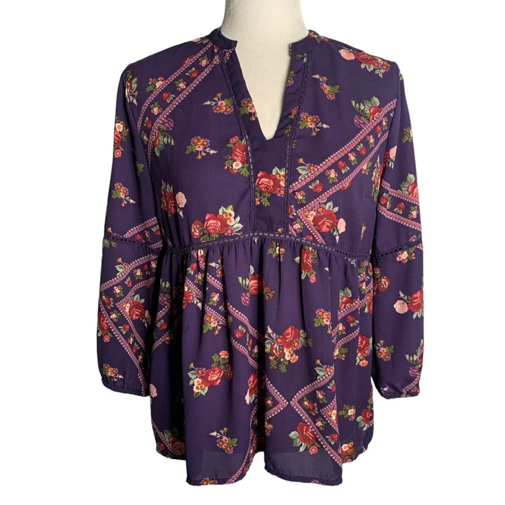 Mi ami Bohemian Baby Doll Blouse M Purple Floral V Neck Puff Sleeve Elastic